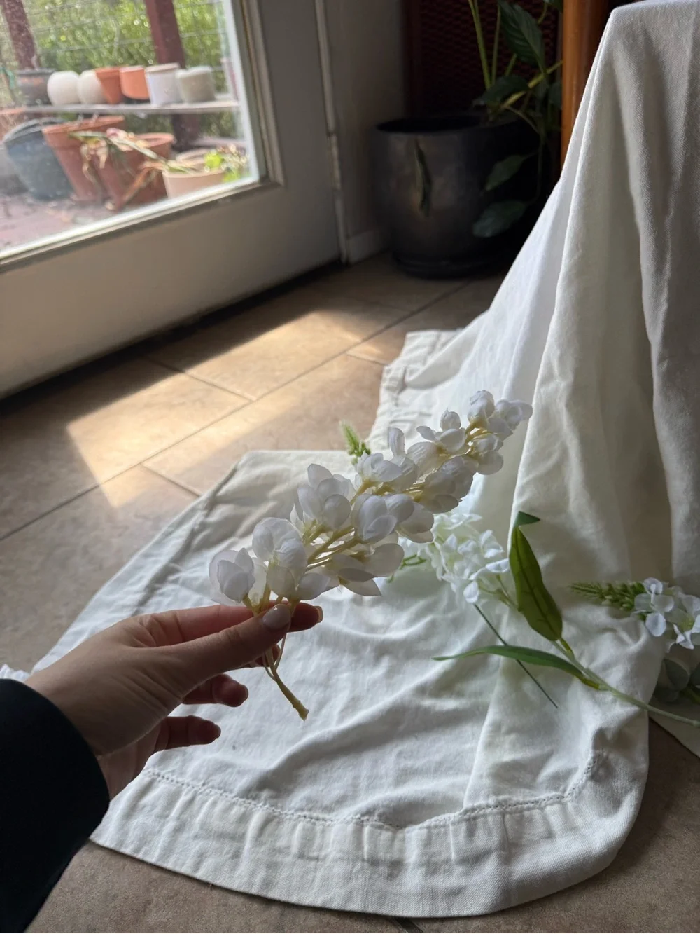 Wedding Supplies - White Table Cloth, Faux Florals, Floral Foam